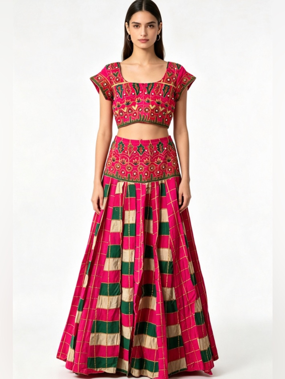Vibrant Pink & Green Navratri Chaniya Choli - Embroidered Diwali Garba Set